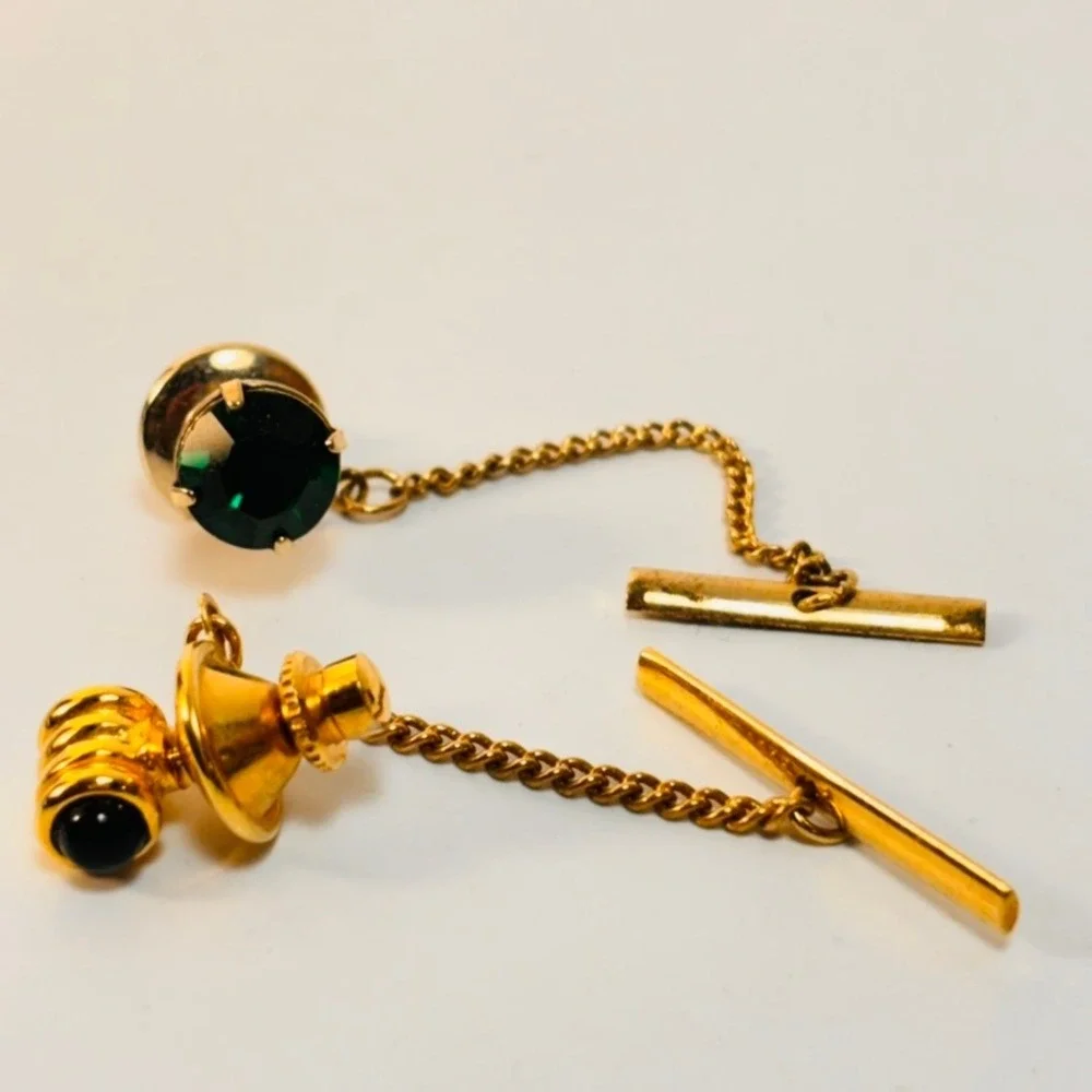 Vintage Tie Tacks Gold Green Black Faux Emerald Formal Dark Academia Preppy